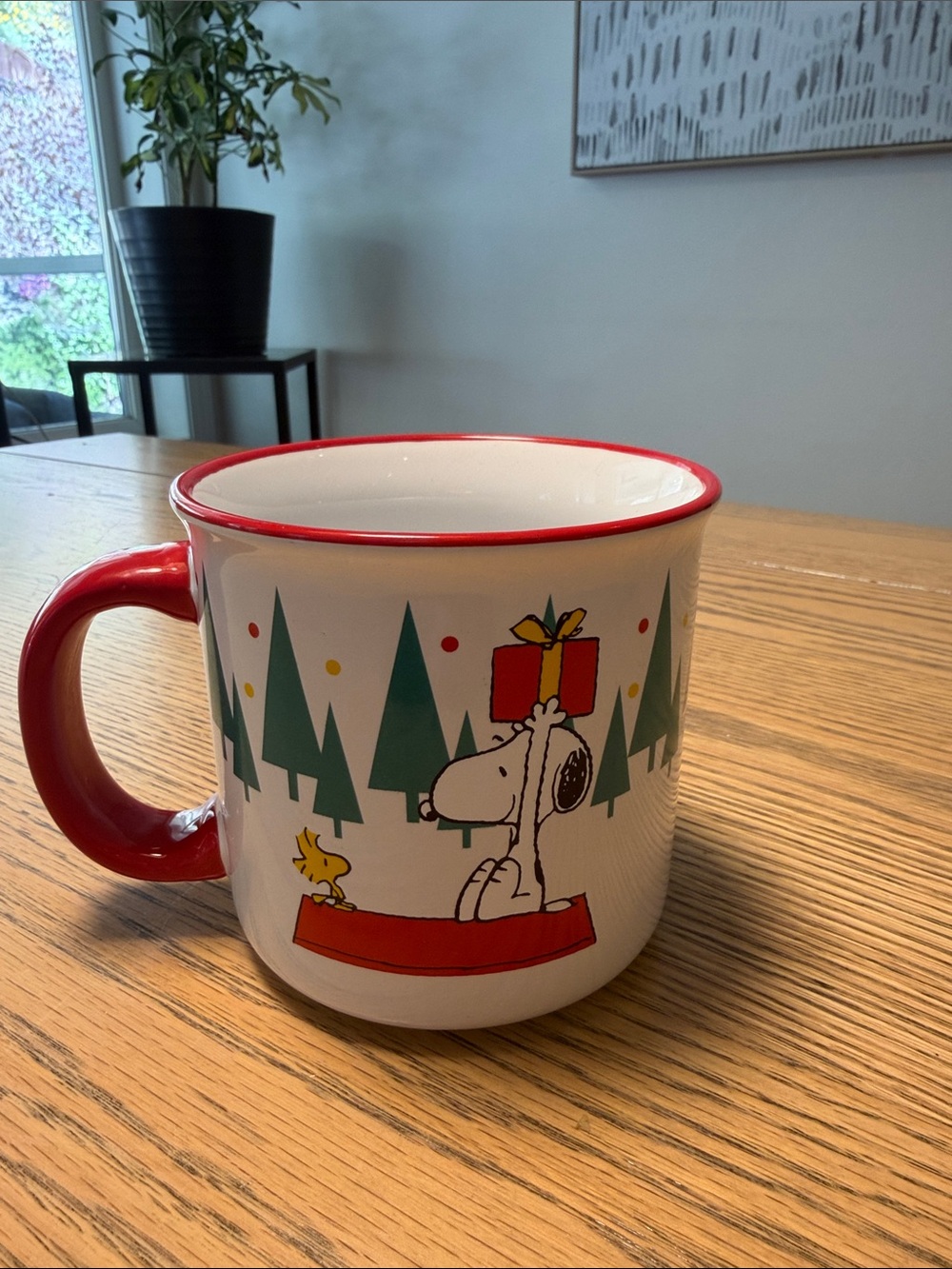 Peanuts White Mug with Red Trim and Green Tree Design